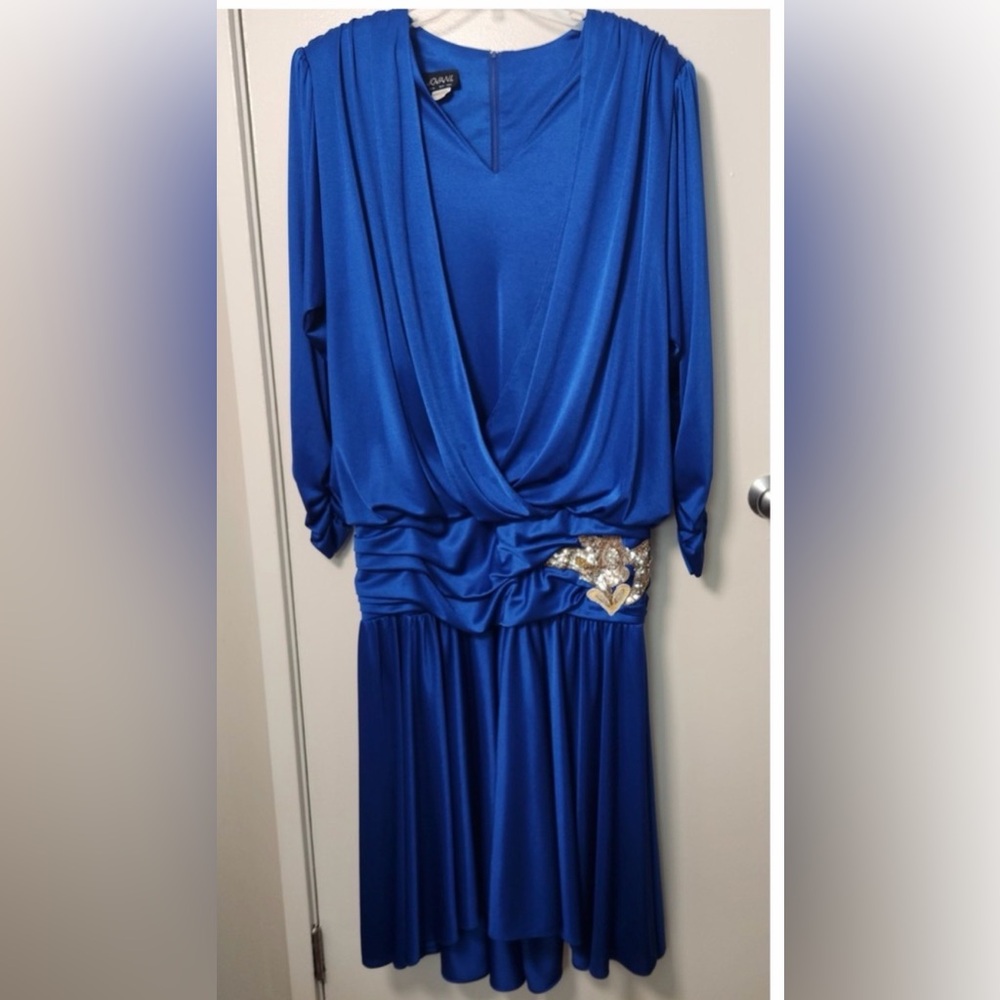 Jovani Vtg Royal Blue Ruched Dress Embellished Sequin Applique Size 18 USA